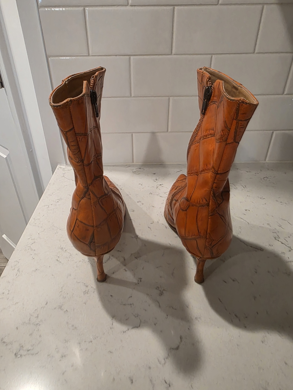 Women's Croc-Embossed Pointed Toe Ankle Boots - Orange - Picture 3 of 8